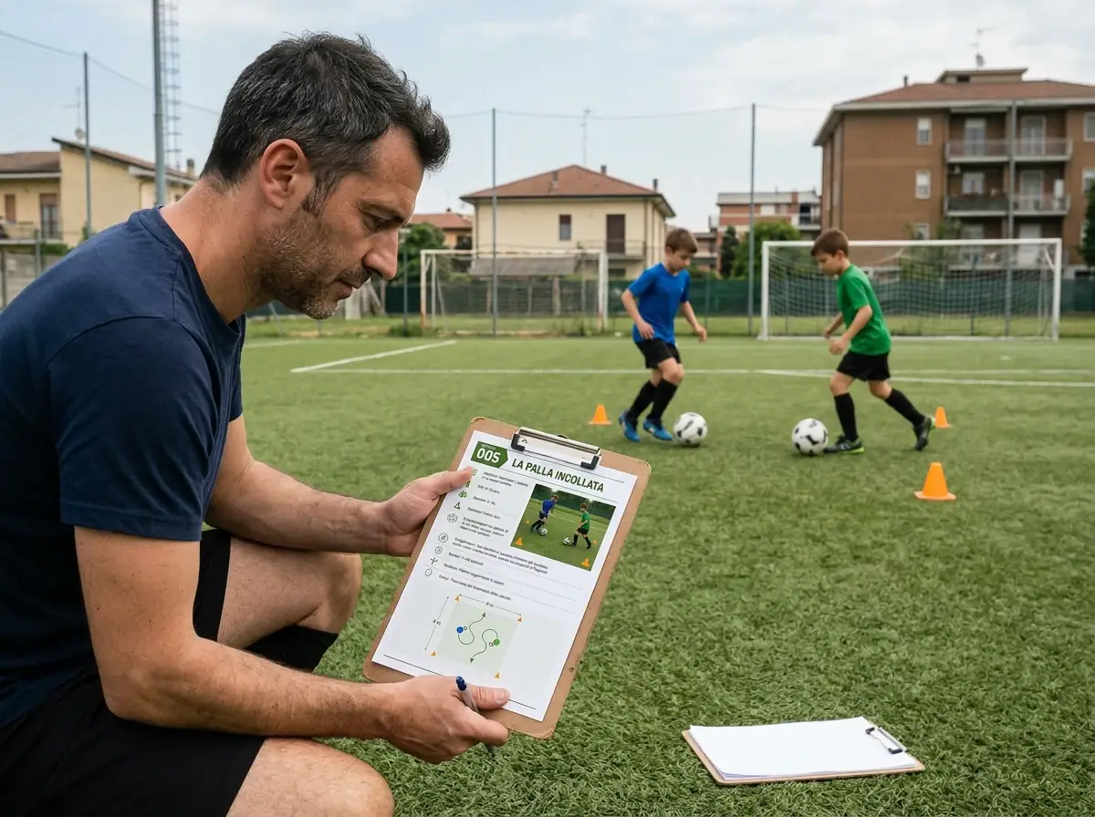 Allenatore consulta la scheda La palla incollata mentre i bambini si allenano