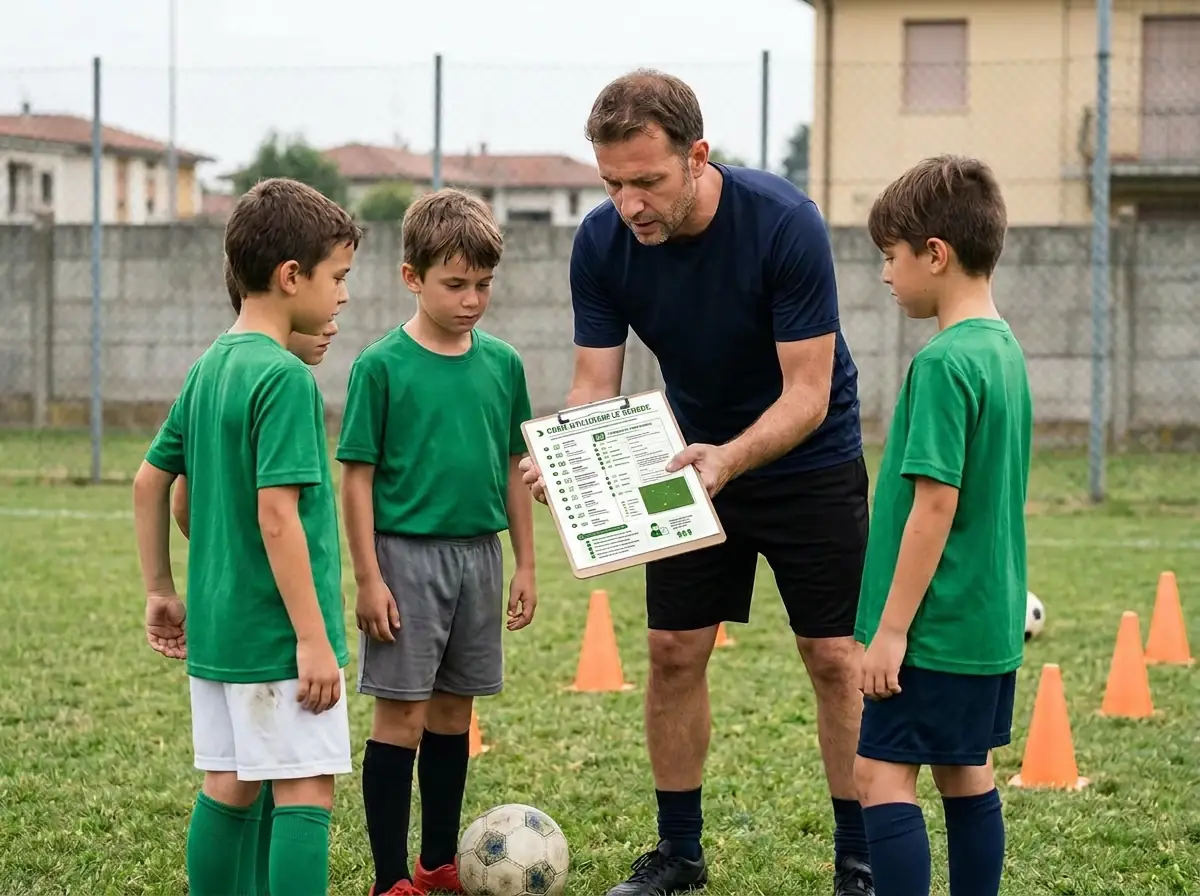 Allenatore spiega un'attività ai bambini con le schede stampate