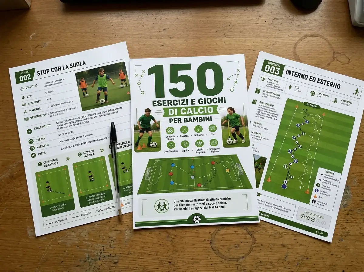 Pagine A4 della guida di calcio stampate su un tavolo